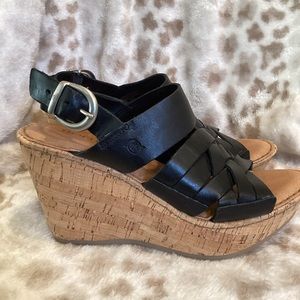 Born Black Strappy Cork Wedge Sandals, Size 8